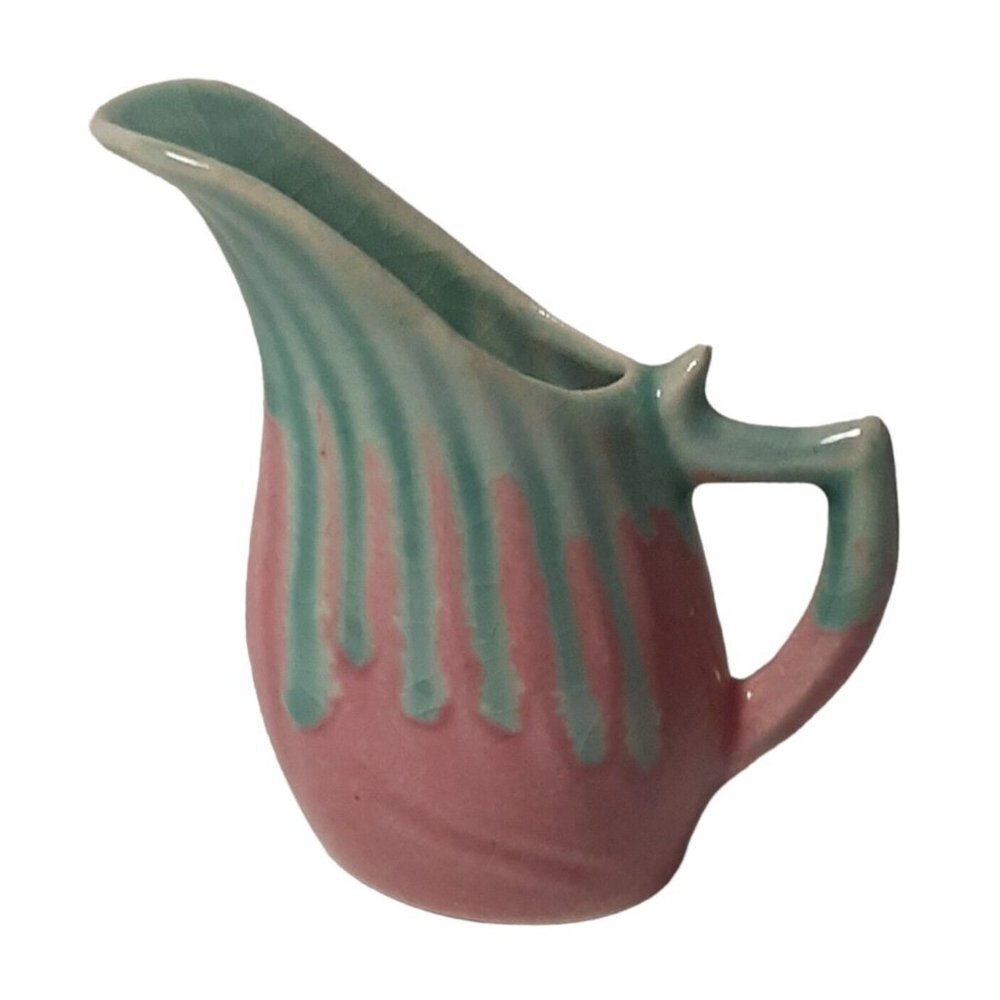 Vintage Studio Pottery Miniature Drip Glaze Pitcher Pink and Green  2.5"
